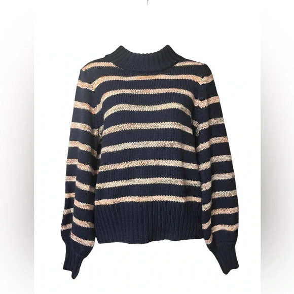 Madewell Striped Metcalf Mockneck Sweater, Blue/ Tan Striped, Sz S - Picture 2 of 8